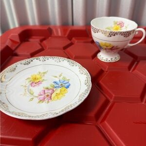 Classic Floral Porcelain Tea Cup and Saucer - White with Multicolor Flowers